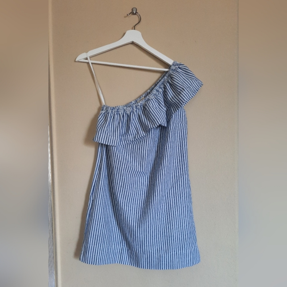 J. Crew Vertical Stripe Sailor Ruffle Mini Dress Asymmetrical Coastal Cowgirl